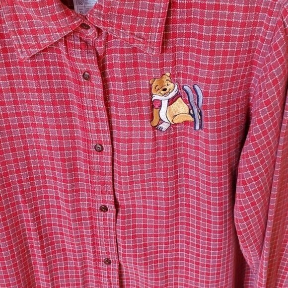 Disney Embroidered Red Flannel Pooh Skying Casual Button Down Sz XL Shirt - Picture 3 of 8